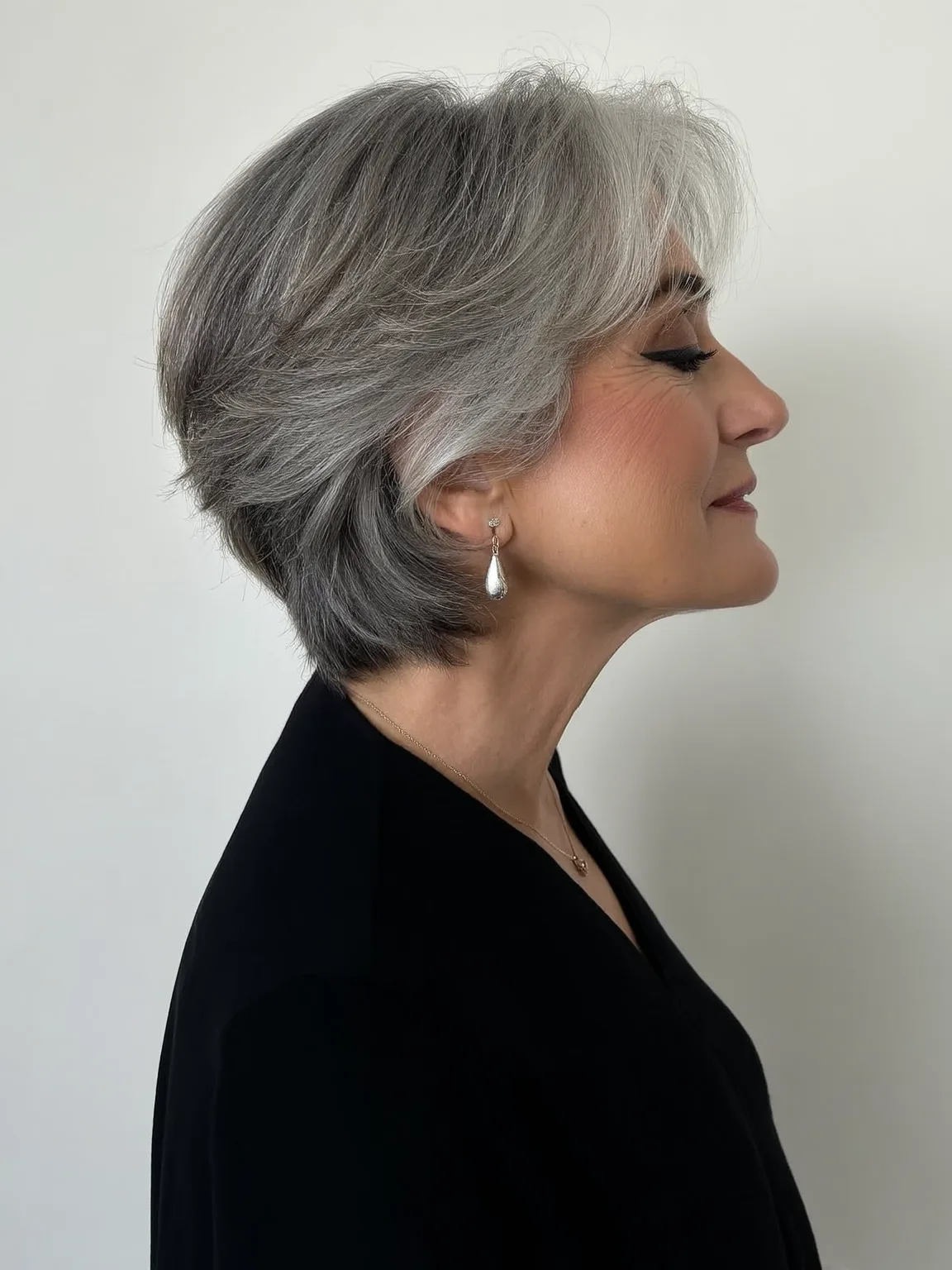 Short Layered Pixie with Silver Grey and Side-Swept Bangs